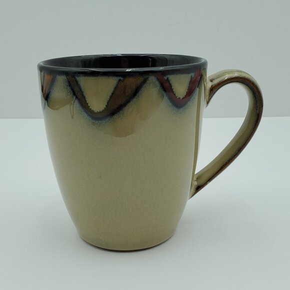 Pier 1 Wave Mugs Tan Stoneware Mugs Brown Gold Reddish Orange Arc Border - Picture 6 of 9
